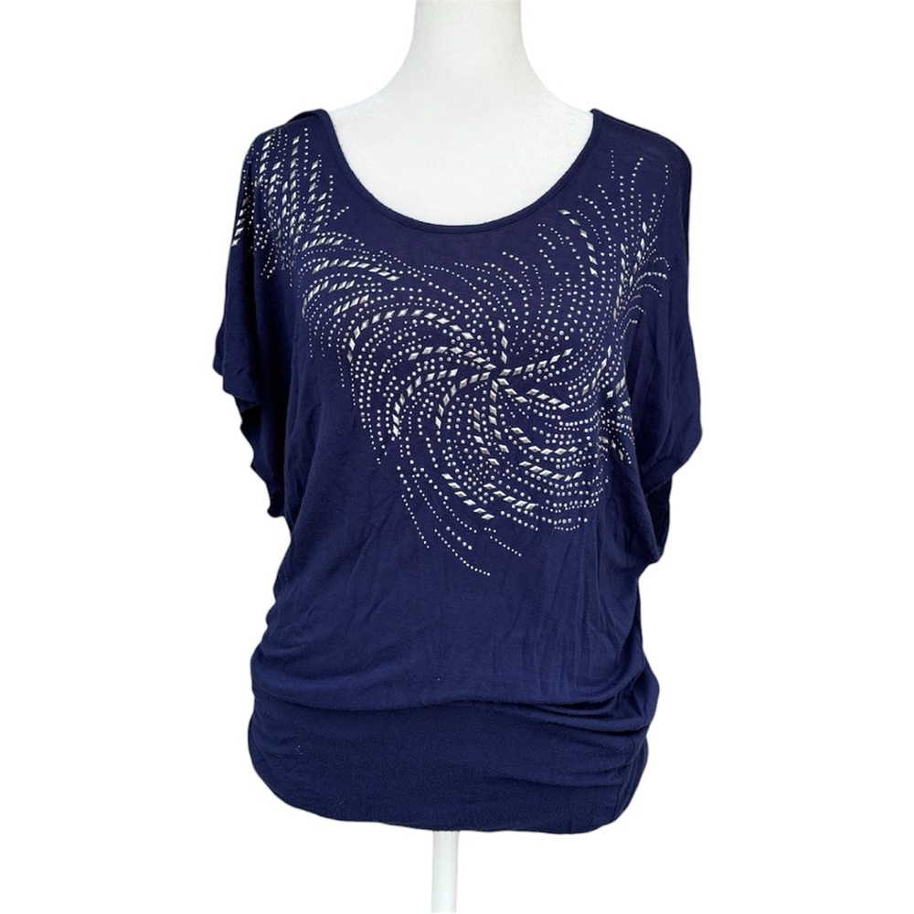 Studio Y Navy Y2K Studded Design Bat Sleeve Top